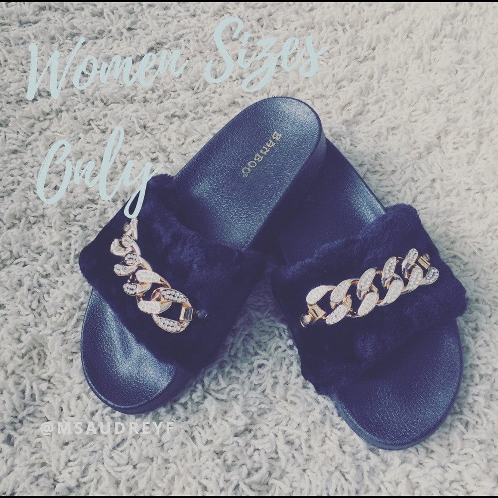 COPY - SALE: Black Fur Slides w/ Chain Link